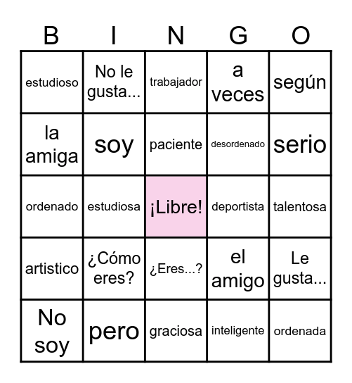 Español 1 Vocab. 1B Bingo Card