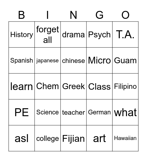 Unit 2 Bingo Card