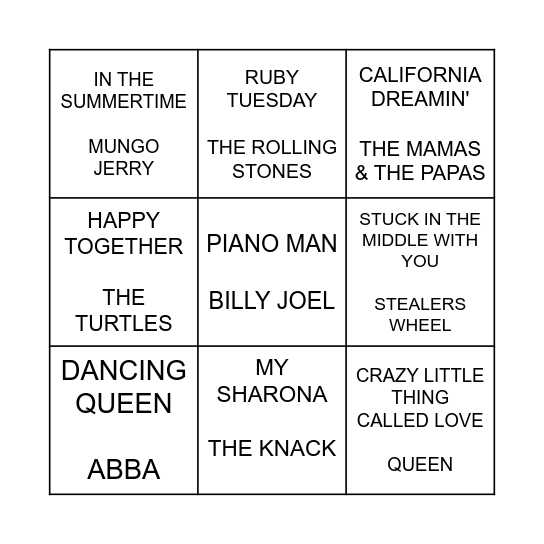 Music Bingo - GAME TWO Bingo Card