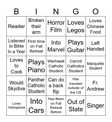 Fall Retreat 2024 Bingo Card