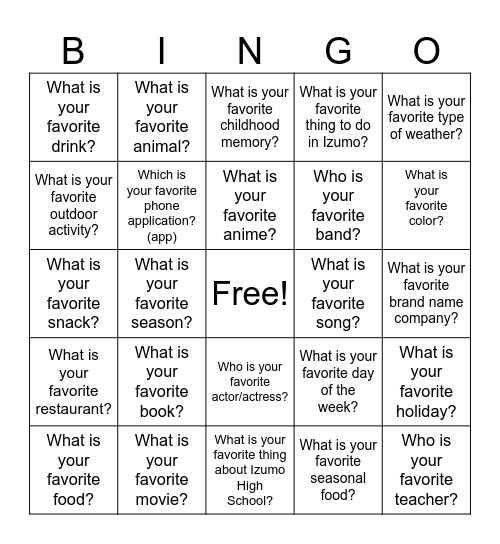 Favorites Bingo Card