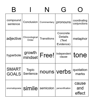 Language Arts Bingo Card