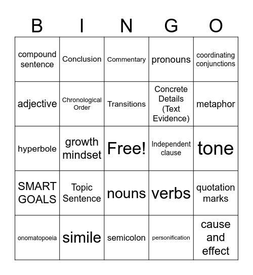 Language Arts Bingo Card