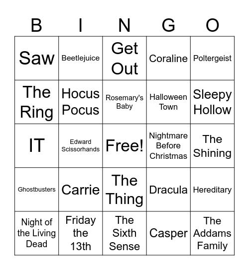 Halloween Movies Bingo Card