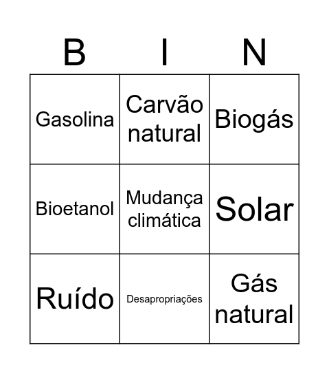 Bingo de Energias Bingo Card