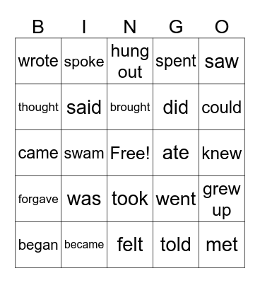 Irregular Verbs Bingo Card