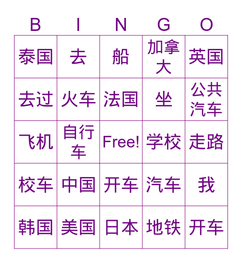 国家、交通工具 Bingo Card