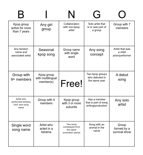 KPOP BINGO Card