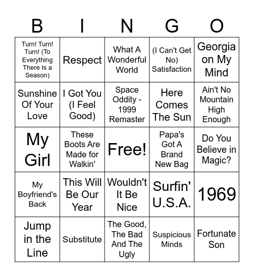 60's Tunes Bingo Card