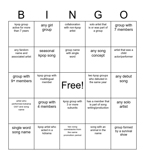 KPOP BINGO Card