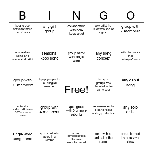 KPOP BINGO Card