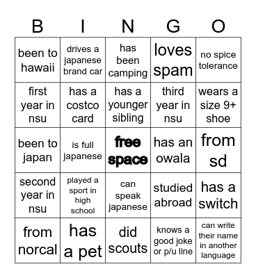 nsu bingo icebreaker Bingo Card
