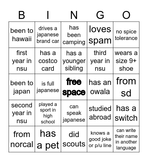 nsu bingo icebreaker Bingo Card