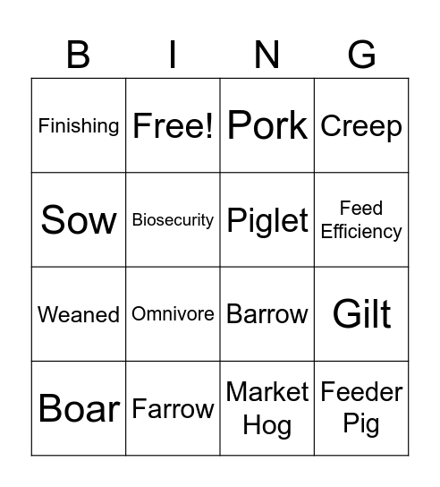 PIG VOCABULARY BINGO Card