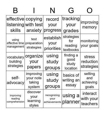 Study Skills  Bingo Card