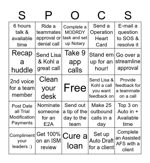 SPOC Bingo Card