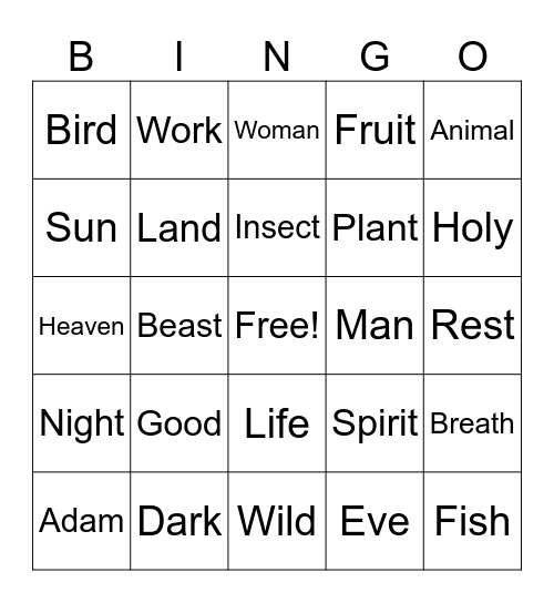 Creation Bingo Card