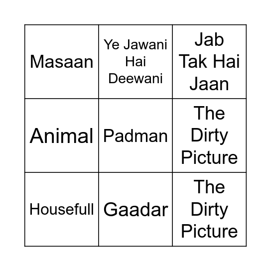 Bollywood Bingo BASH Bingo Card