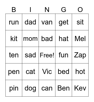 CVC words Bingo Card