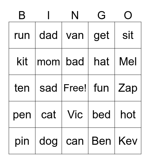 CVC words Bingo Card