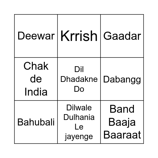 Bollywood Bingo Bash Bingo Card