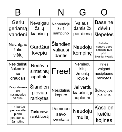 Asmens higiena Bingo Card