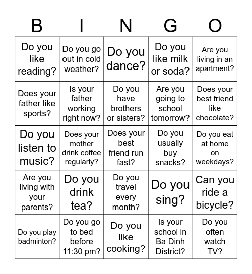 Present Simple Bingo Card