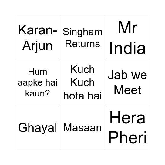 Bollywood Bingo Bash Bingo Card