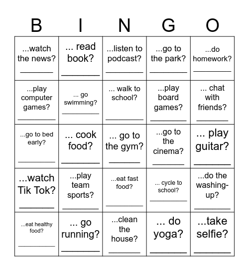 Do you........? How often do you ...? Bingo Card