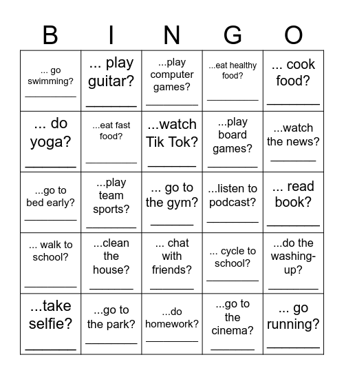 Do you........? How often do you ...? Bingo Card