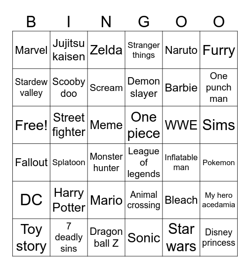 Cosplay Bingo Card