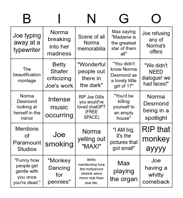 Sunset Boulevard Bingo Card