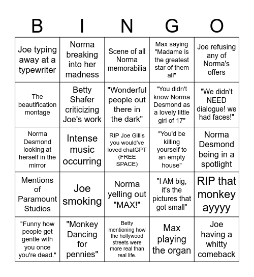 Sunset Boulevard Bingo Card