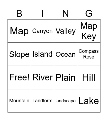 Landforms and Bodies of Water Bingo Card