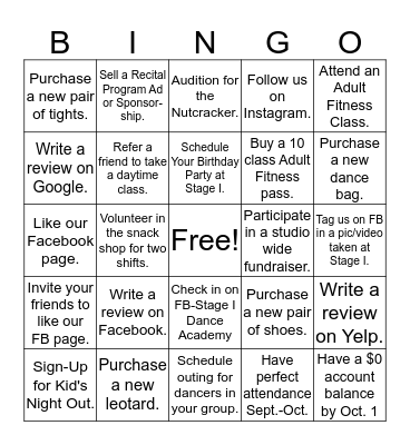 Stage I Performing Company Bingo Card