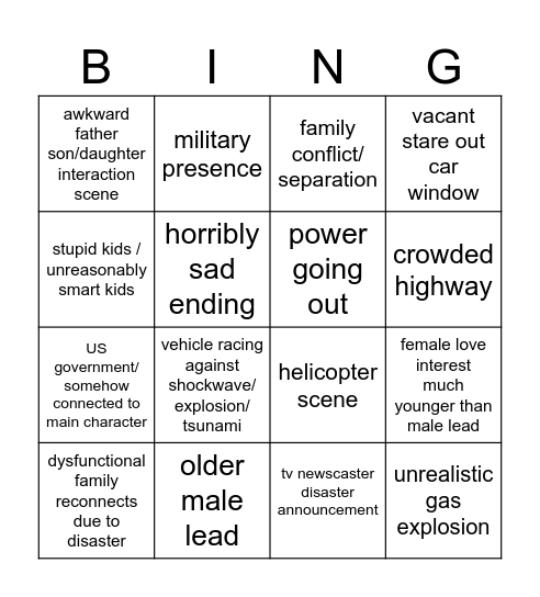 Disaster Movie Bingo Card