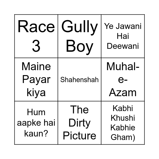 Bollywood Bingo Bash Bingo Card