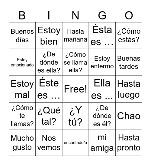 Spanish Expressions and Introductions Bingo Card