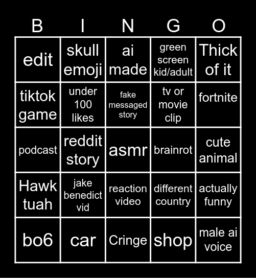 tiktok bingo Card