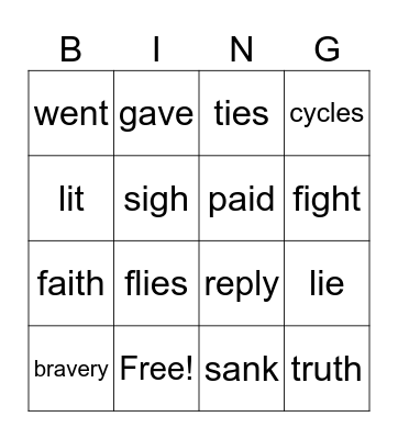 Spelling Bingo- long i, abstract nouns, irregular verbs Bingo Card