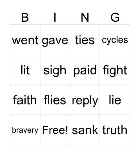 Spelling Bingo- long i, abstract nouns, irregular verbs Bingo Card