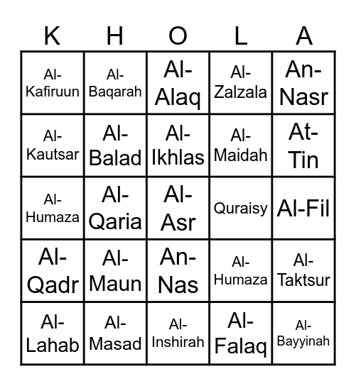 Nama Surah Bingo Card