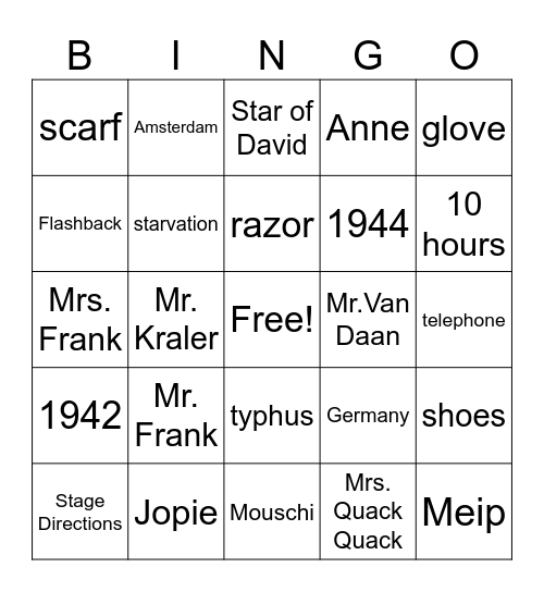 Anne Frank Bingo Card