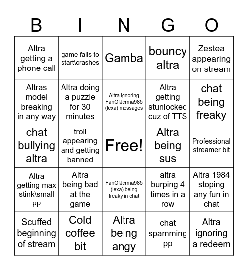 Altra stream bingo Card