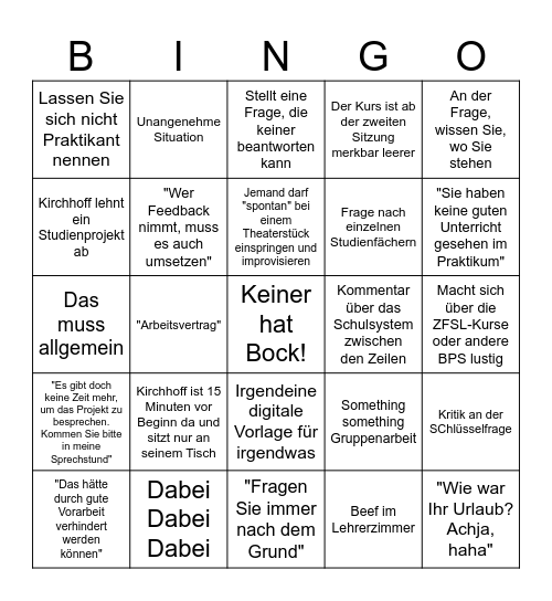 Ja, ich passe auf im Seminar Bingo Card