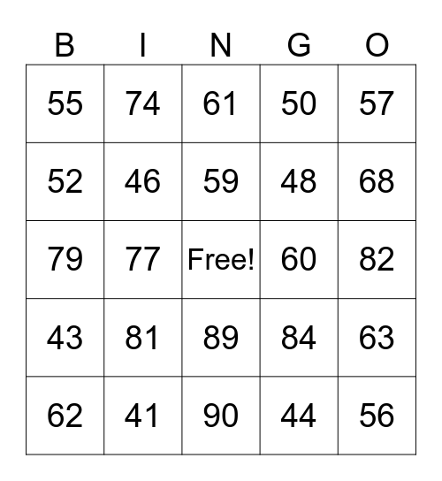 #s 40-100 Bingo Card