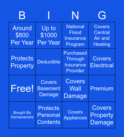 Flood Insurance Bingo Card