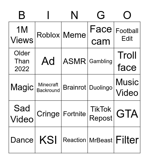 Youtube Shorts Bingo Card