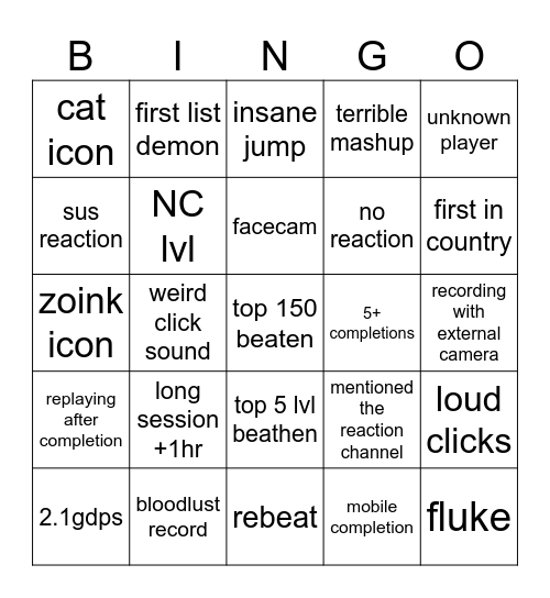 DDL REACTION BINGO Card