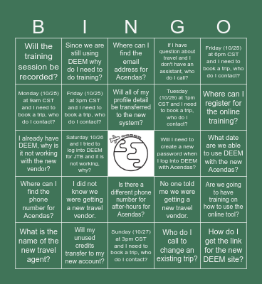 Acendas Transition Bingo Card